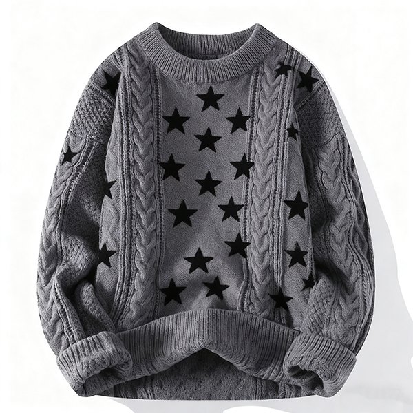 Unisex Vintage Solid Knit Pullover - Oversized Casual Crew Neck